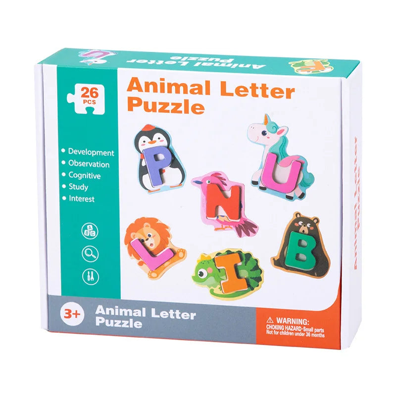 KTX-170835 Children's Wooden Animal Letter Puzzle - 26 Pcs Alphabet Matching Blocks for Educational Play