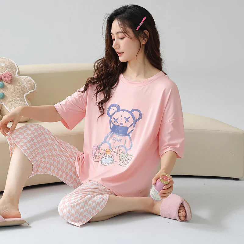 KTX-641043 Short-sleeved Seven-point Pants Set Two-piece Simple Sweet Pajamas All Cotton Home Wear Women's Summer Pajamas