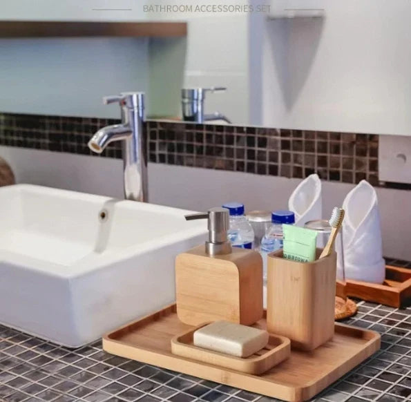 KTX-350611 Bamboo Bathroom Accessories Set with Shower Soap Dish and Mouthwash Cup for Home or Hotel Use