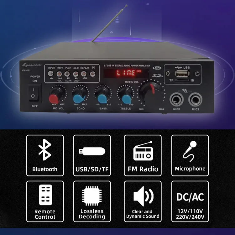 KTX-746067 Bluetooth Power Amplifier for 12V Car and Home Audio Systems with Digital Stereo Receivers and MIC Support