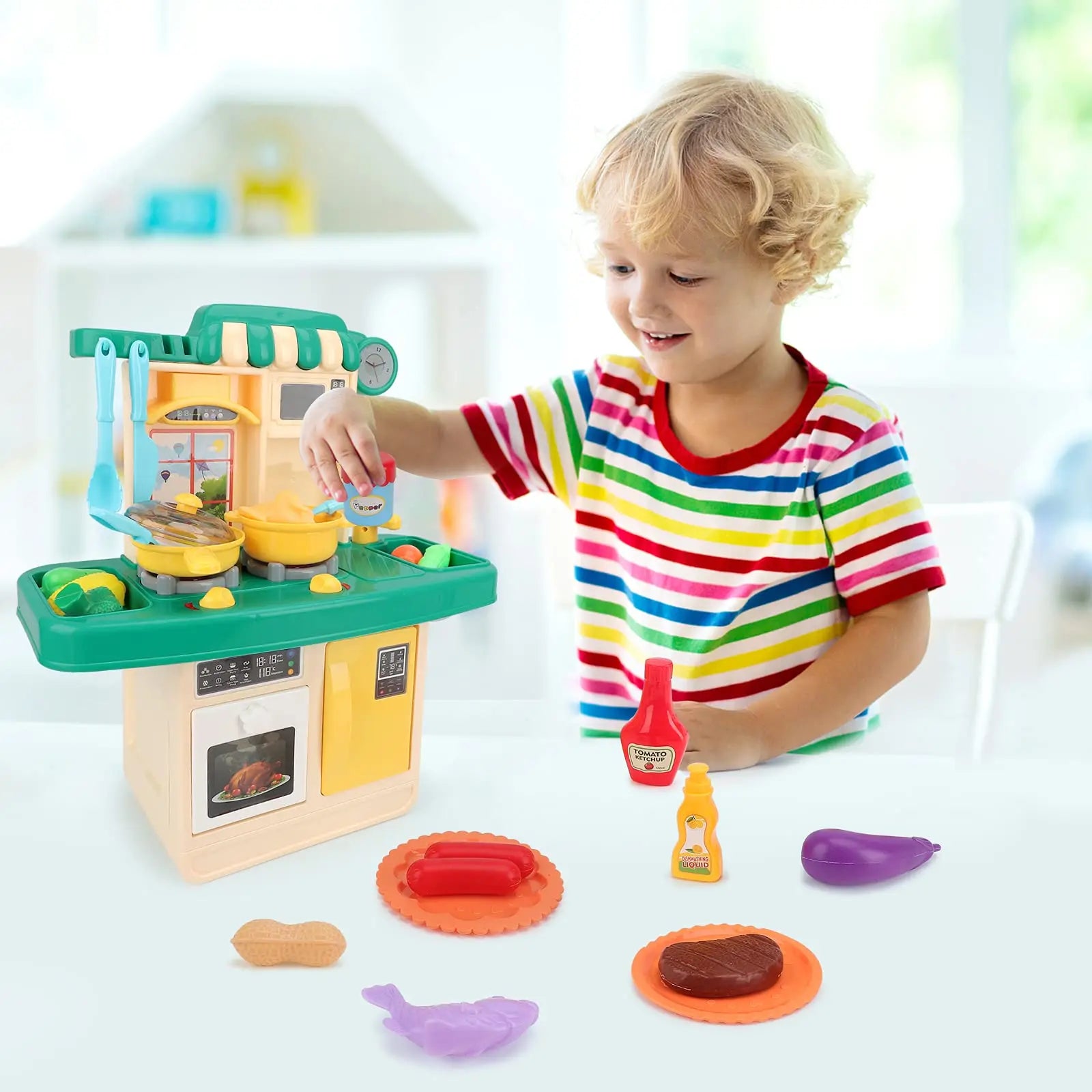 KTX-524755 Realistic Sounds and Lights Kitchen Playset for Kids - 23-Piece Role Play Cooking Toy Set