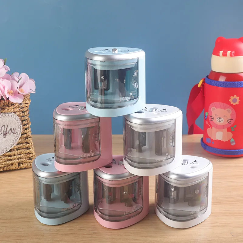 KTX-788819 Electric Battery Operated Double Hole Pencil Sharpener for 6-12mm Pencils in Pink, Blue, and White