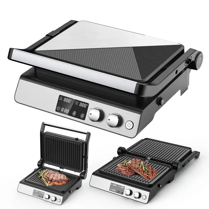 KTX-433043 Digital Glass Surface Smokeless Indoor Panini Grill - 180 Degrees Opening Contact Toaster