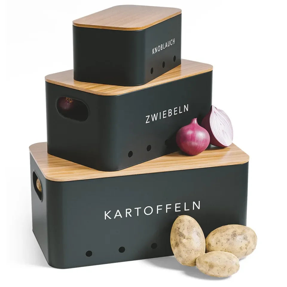 KTX-417619 Rectangle Bamboo Lid Potato, Onion, and Garlic Storage Pots, Carbon Steel Canister, Custom Sizes Available