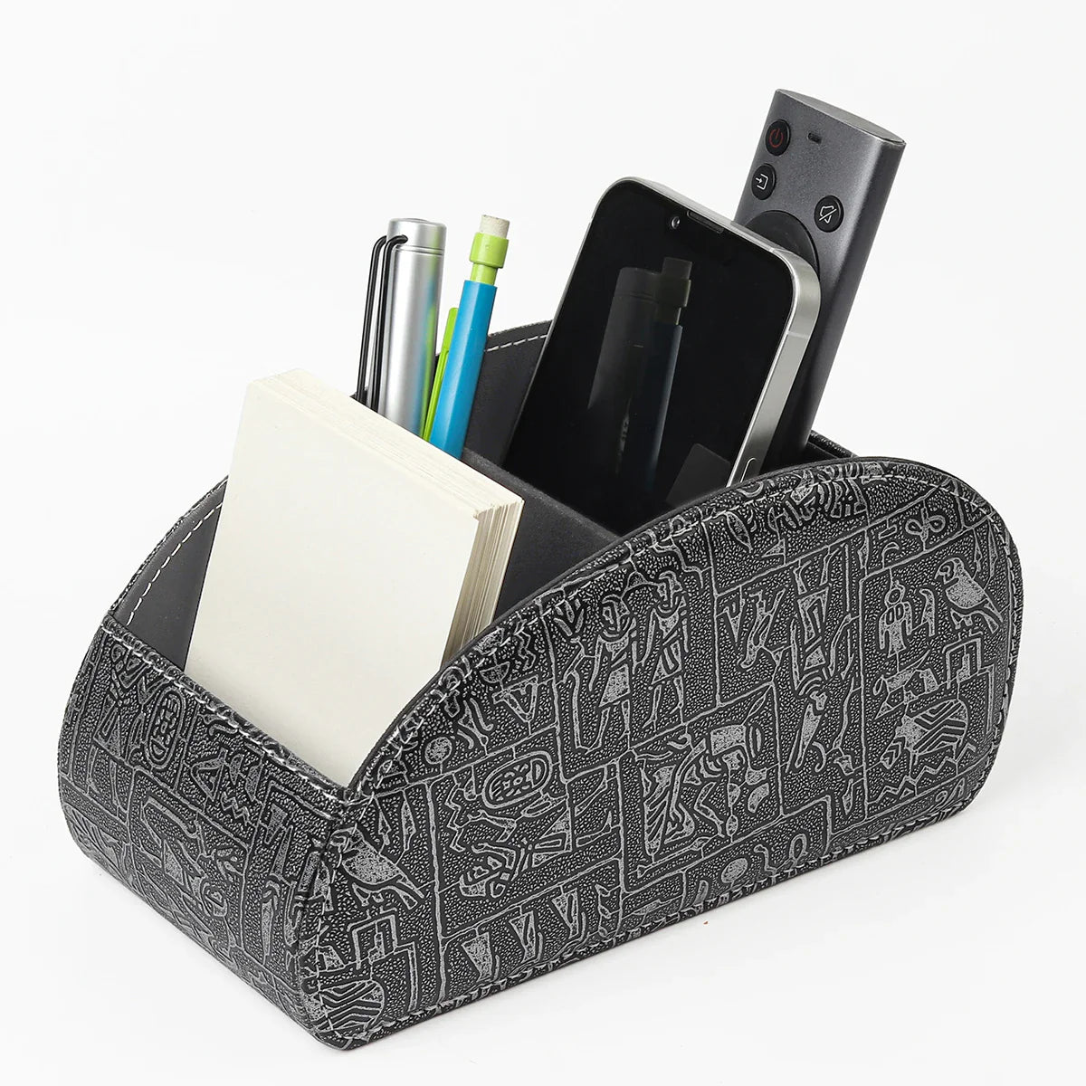 KTX-829715 Five-Compartment PU Leather Remote Control Holder for Organising and Desk Storage