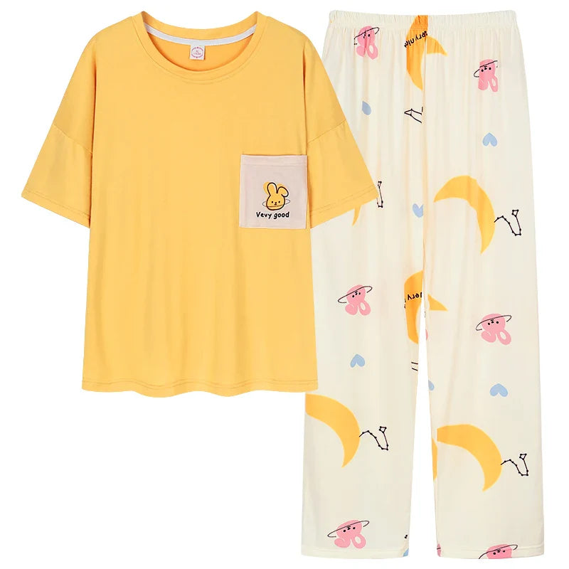 KTX-968723 New Pajama Suit Women's Summer Trousers Round Neck Knitted Cotton Student Youth Comfortable Home Clothes Breathable Short Sleeve