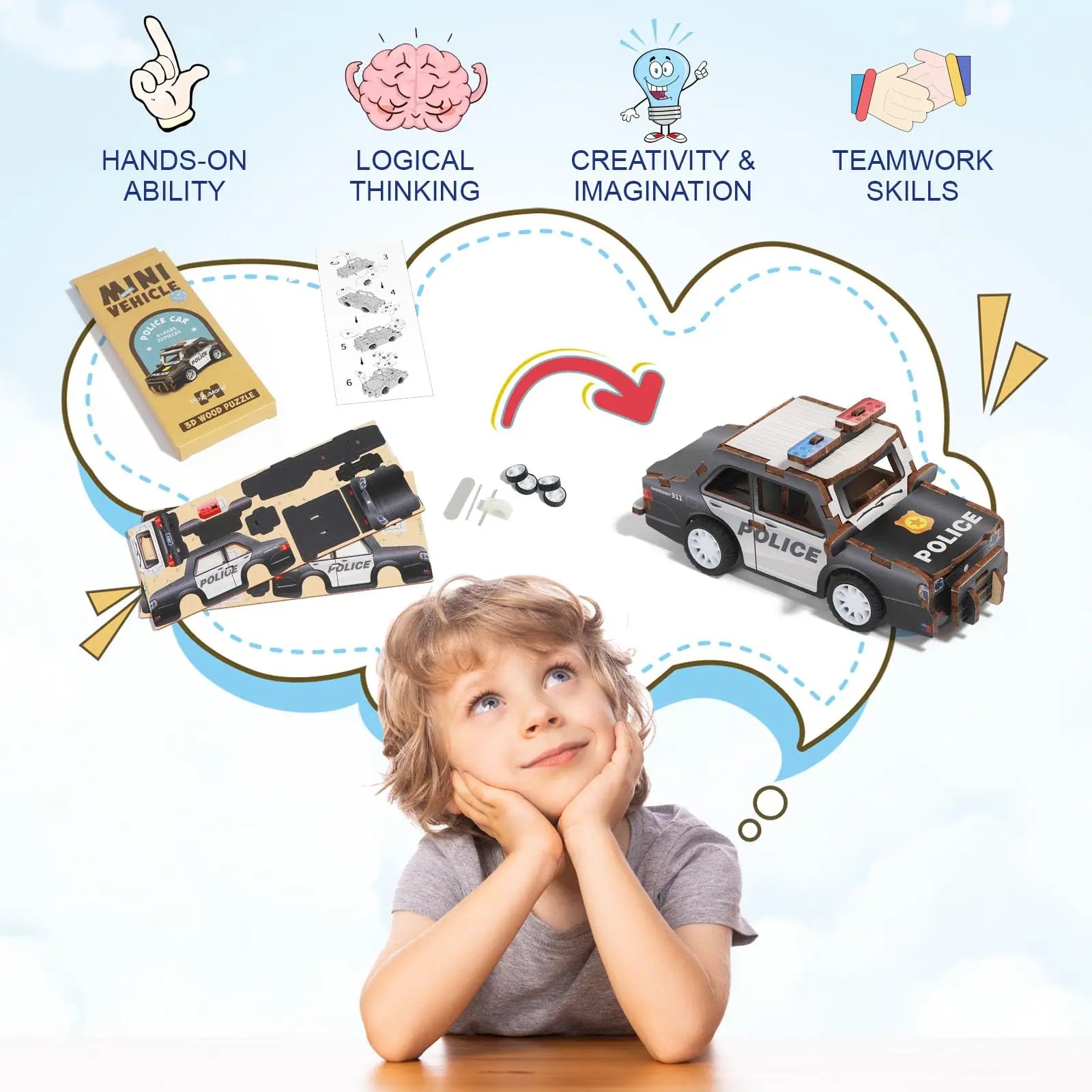 KTX-692051 3D Wooden Puzzle Car for Kids - DIY Assembly Educational Toy