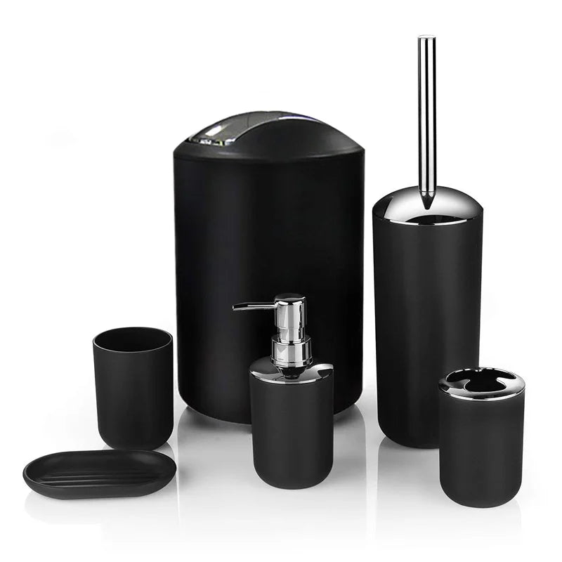 KTX-792403 6-Piece Black and White Plastic Bathroom Accessory Set for Modern Home Décor
