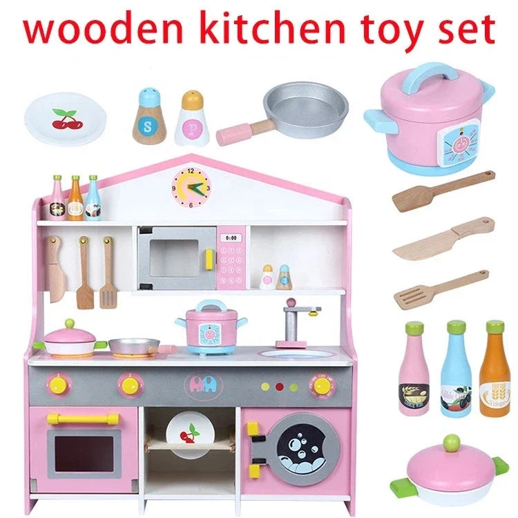 KTX-176595 Pink Wooden Magnetic Cooking Kitchen Play Set for Imaginative Role-Playing
