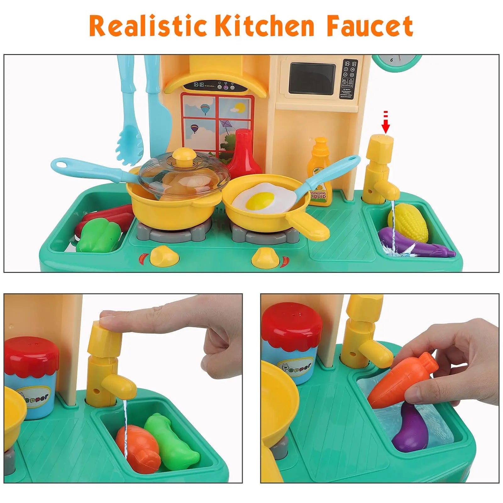 KTX-524755 Realistic Sounds and Lights Kitchen Playset for Kids - 23-Piece Role Play Cooking Toy Set