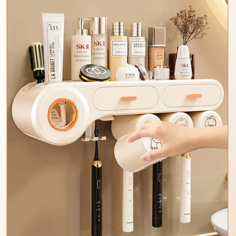 KTX-743827 Automatic Wall-Mounted Toothpaste Dispenser and Toothbrush Holder in Durable Silicone PS Material for Bathroom Use