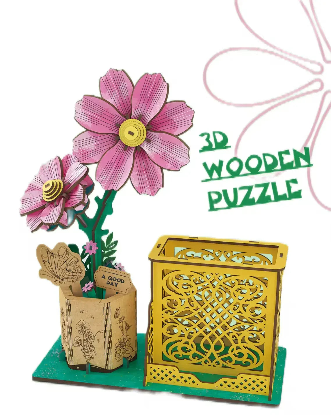 KTX-085267 3D Wooden Jigsaw Puzzle Flower Model Kit - Red Rose Educational Craft for Kids and Adults
