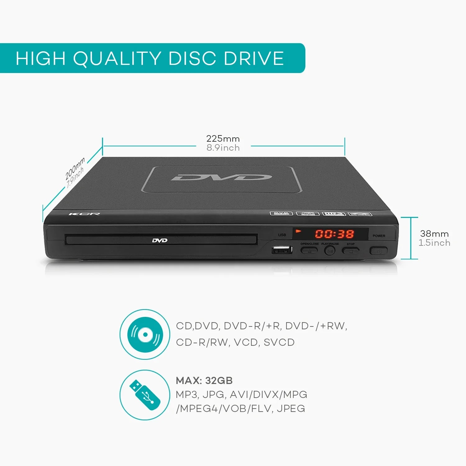 KTX-616147 Compact Region-Free Home DVD Player with USB Input and Remote Control, Supports CD, DVD, VCD Playback