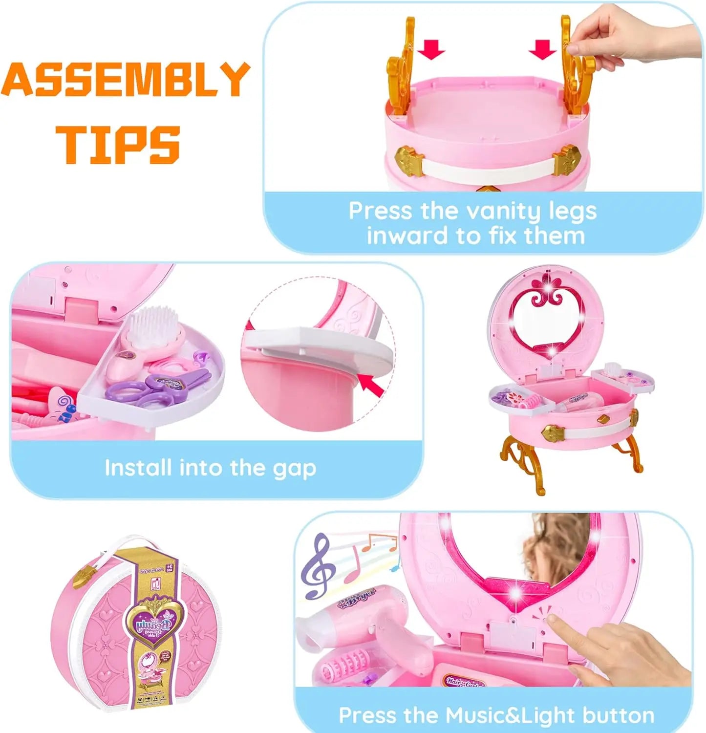 KTX-146195 Portable Princess Vanity Makeup Suitcase for Girls - Mini Dressing Table Playset