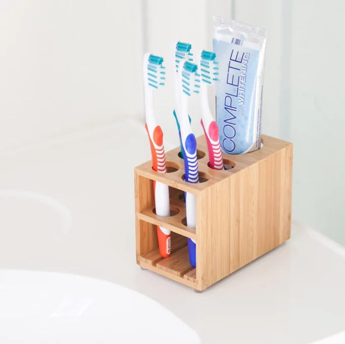 KTX-317843 Bamboo Wall-Mounted Toothbrush and Toothpaste Holder for Eco-Friendly Bathroom Storage