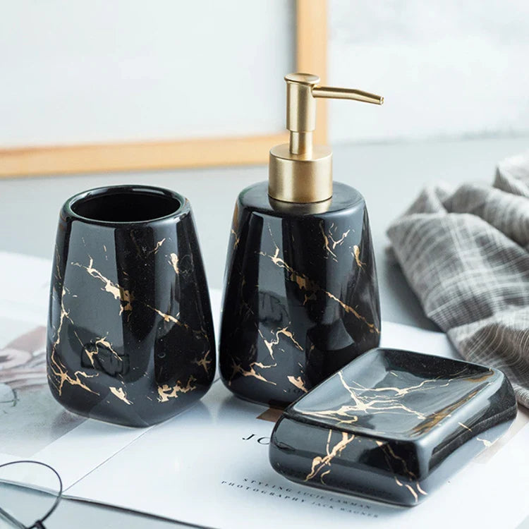 KTX-595795 Nordic Glossed Ceramic Bathroom Accessories Set in White and Gold Marble Design