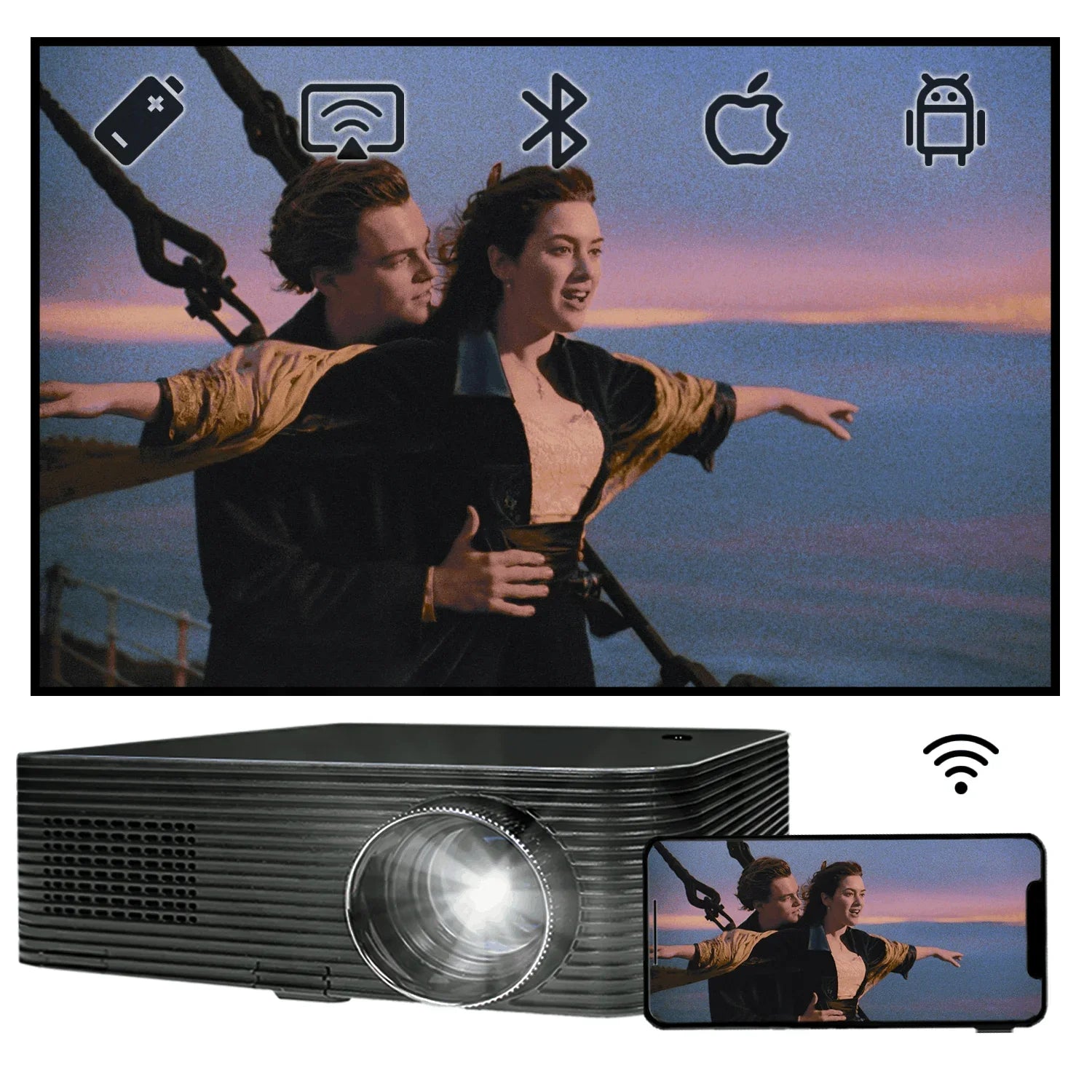 KTX-730259 Full HD LCD Projector with Wireless WiFi, Android OS, 3600 Lumens, Dual Frequency, 60-150 Inch Projection