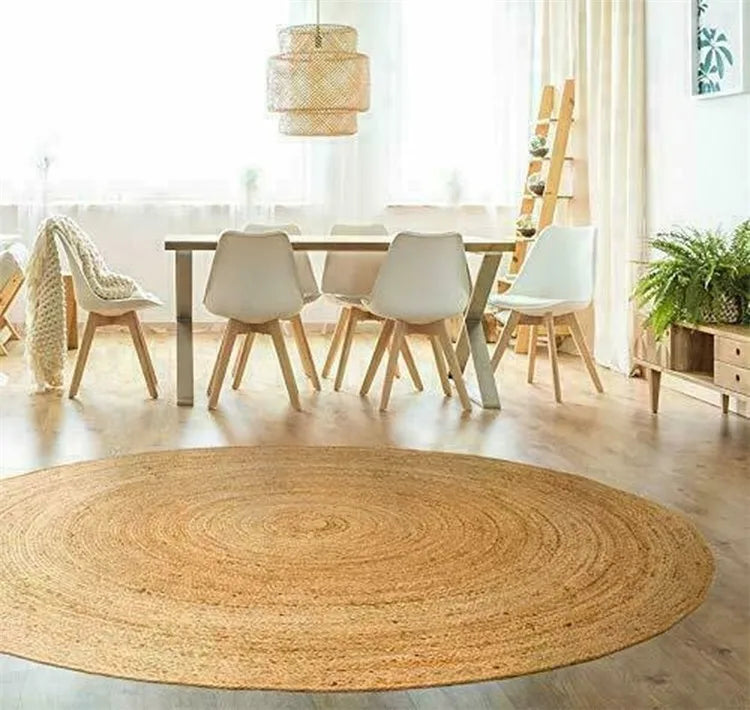 KTX-611539 Boho Tan Brown Woven Jute Rug for Living Room and Bedroom, Washable Outdoor Decor