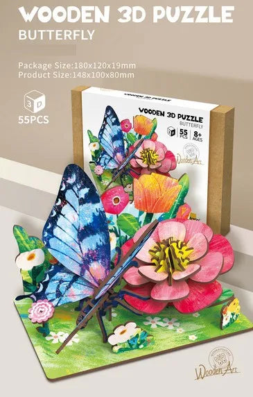 KTX-855891 Wooden 3D Insect Puzzle Set - Butterfly and Bee Models for Kids Educational Fun