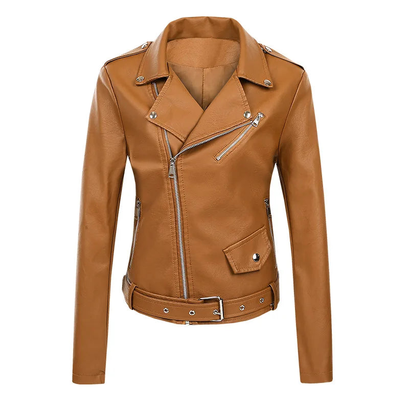 KTX-045459 Women's Short Leather Jacket New Korean Version PU Leather Motorcycle Jacket Stylish Women's Clothing Jacket Custom