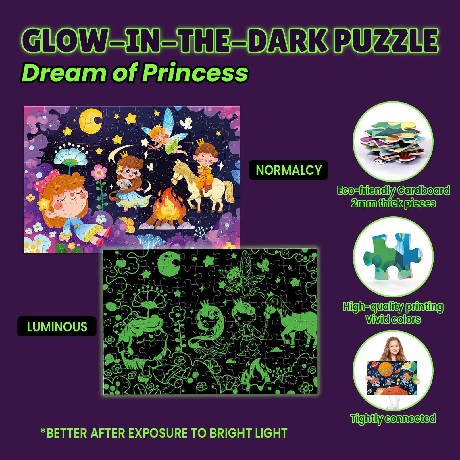KTX-264915 Glow in the Dark 96-Piece Jigsaw Puzzle for Kids - Unique Educational Luminous Toy