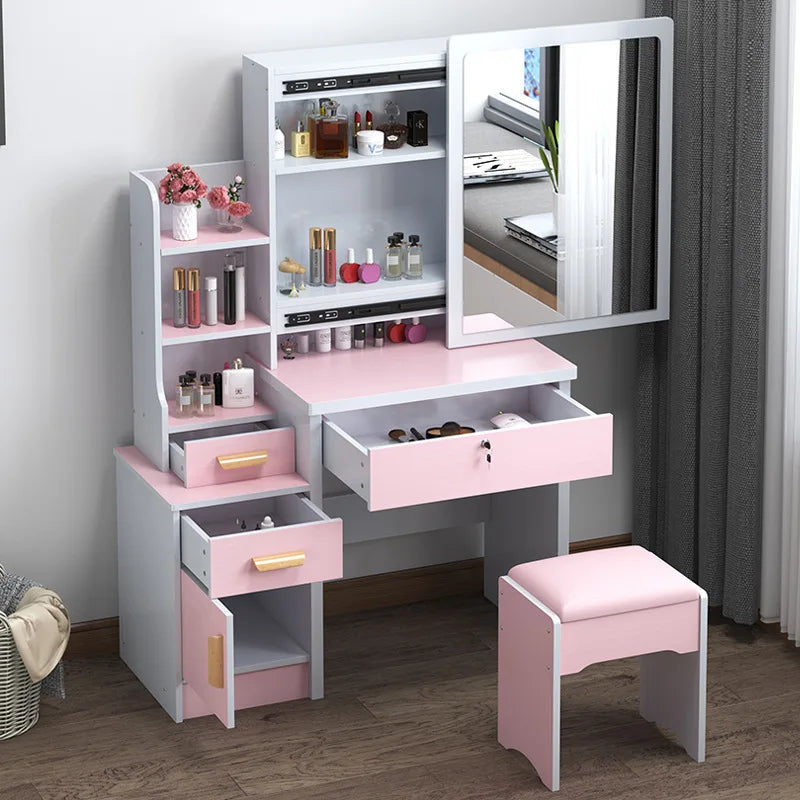 KTX-432403 Wooden Makeup Desk Vanity Set with Cushioned Stool and Round Mirror