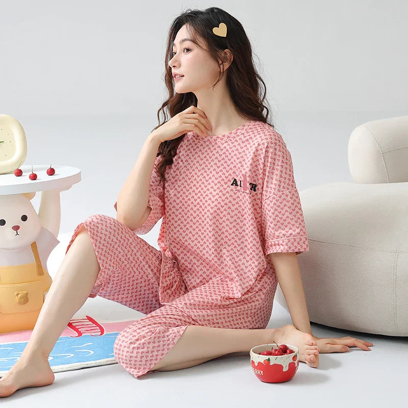 KTX-673811 New Arrival 2 Sets Short Sleeve Seven-point Pants Thin Sweetness Cute Sleepwear Women's Cotton Pajamas
