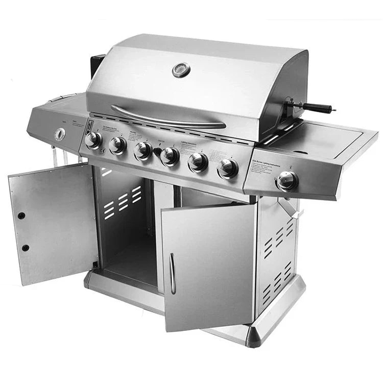 KTX-629651 6-Burner Gas BBQ Grill with Side Burner, Stainless Steel, Cast Iron Grates, and Wheels