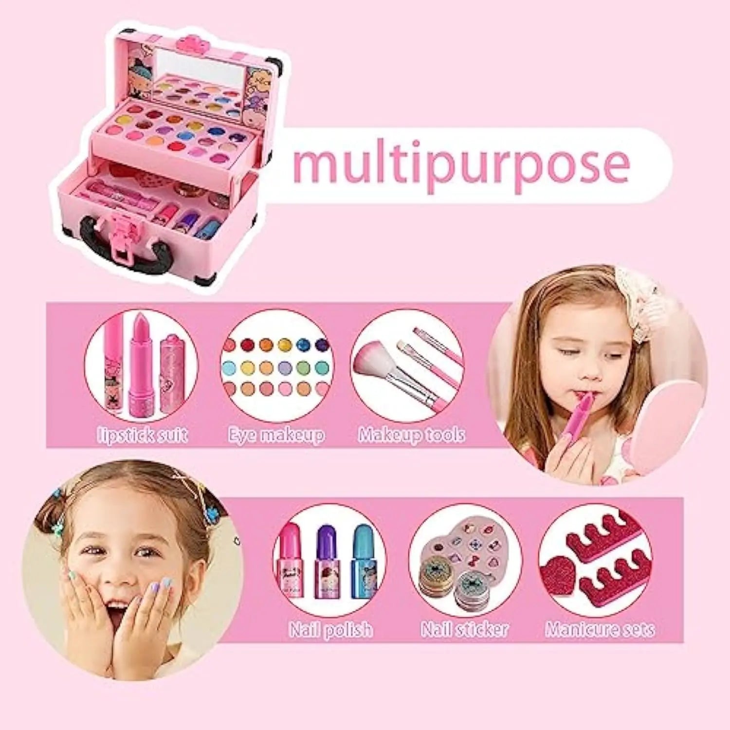 KTX-376723 Portable Makeup Kit for Kids with Real Cosmetics, Storage Case, Nail Art and Lipstick