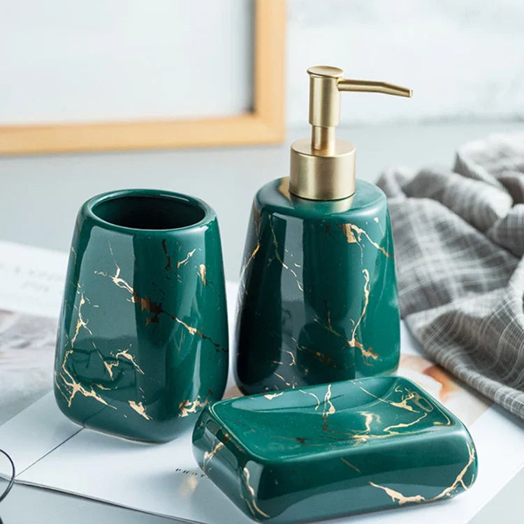 KTX-595795 Nordic Glossed Ceramic Bathroom Accessories Set in White and Gold Marble Design