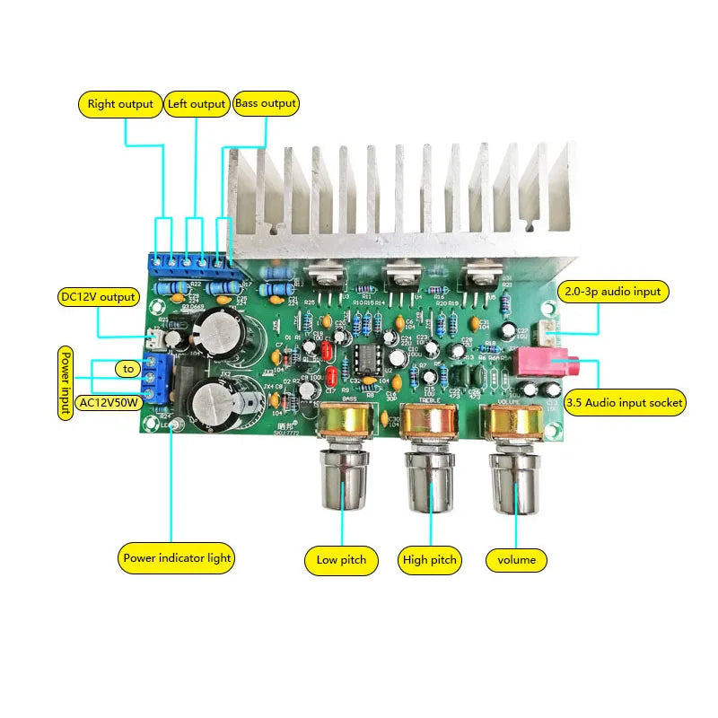KTX-222419 3-Channel 2.1 Power Amplifier Board TDA2050/TDA2030A, 18W*2 + 32W Low-Noise Subwoofer Module
