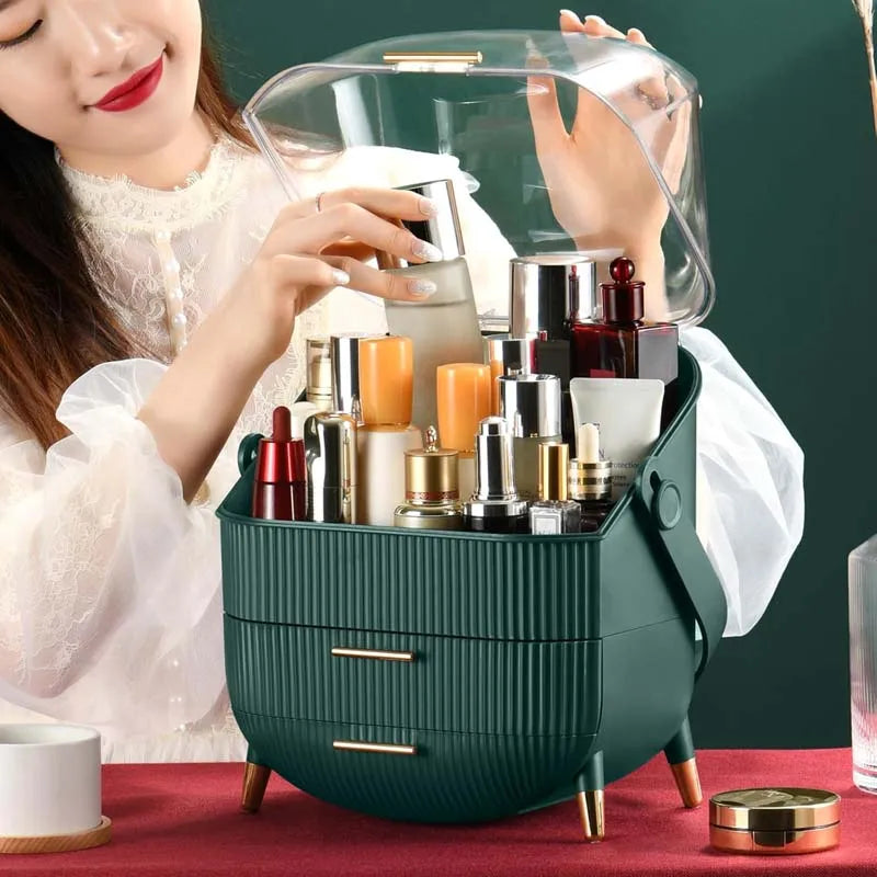 KTX-548691 360° Rotating Makeup Organizer with Lid and 2 Drawers – Space-Saving Skincare Storage Solution