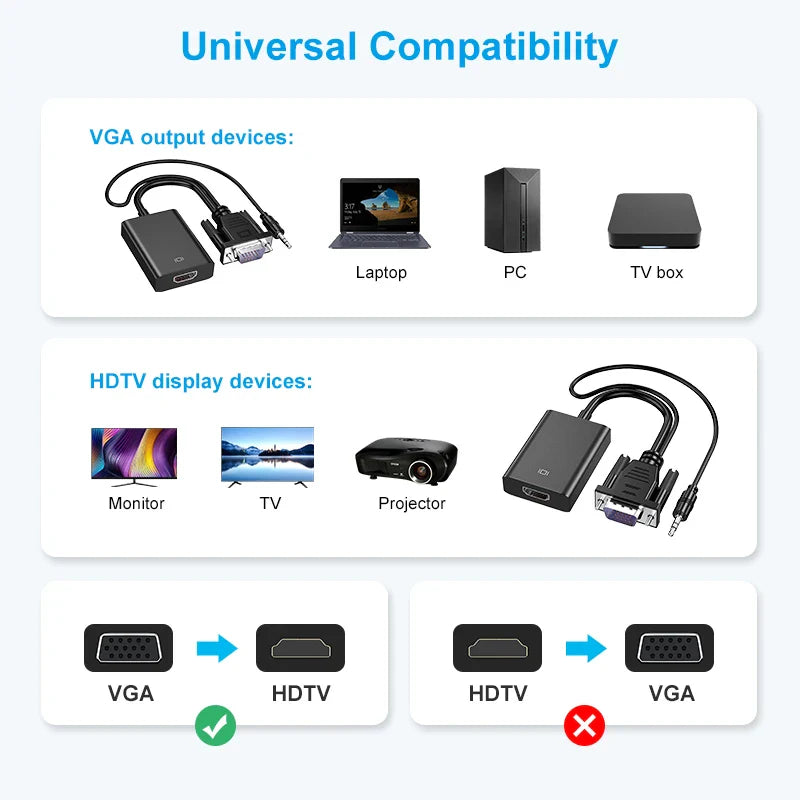 KTX-354003 VGA to HDMI Adapter with 3.5mm Audio Output for PC, Laptop, and Projector - Supports 1080P Resolution