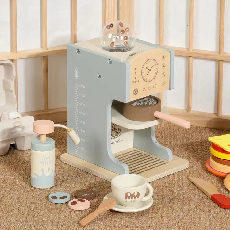 KTX-964179 Blue Wooden Coffee Maker Toy Set for Kids - Mini Educational DIY Kitchen Play for Boys and Girls