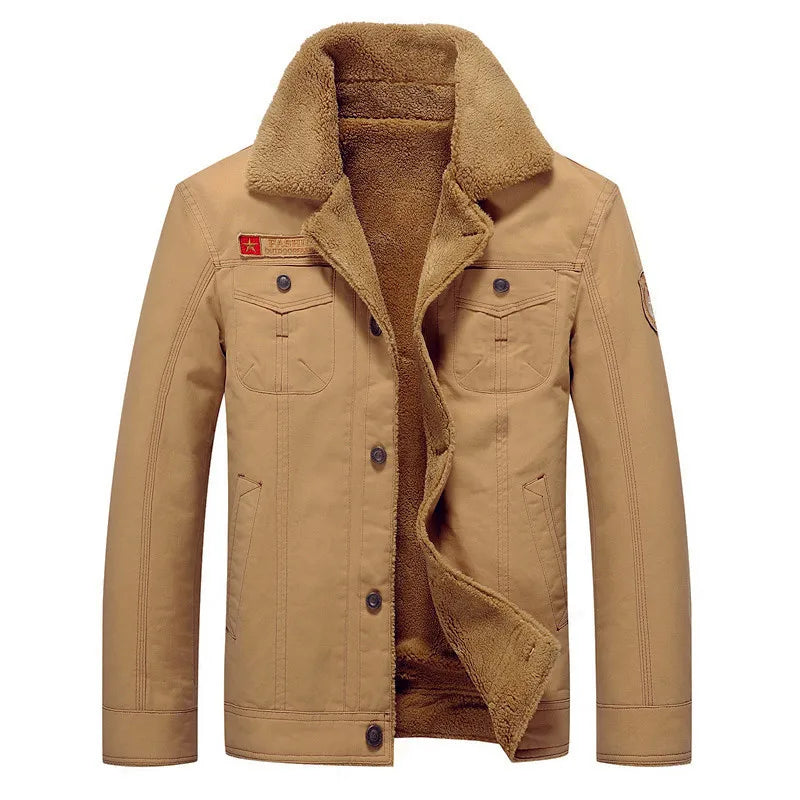 KTX-210451 Men's Winter Jacket Fleece-Wrapped and Windproof Washed Cotton Style Youth Thermal Motorcycle Jacket Canvas Fabric
