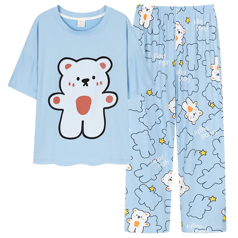 KTX-067027 New Thin Pajamas Casual Loose Short-sleeved Trousers Suit Summer Outerwear Cotton Home Service