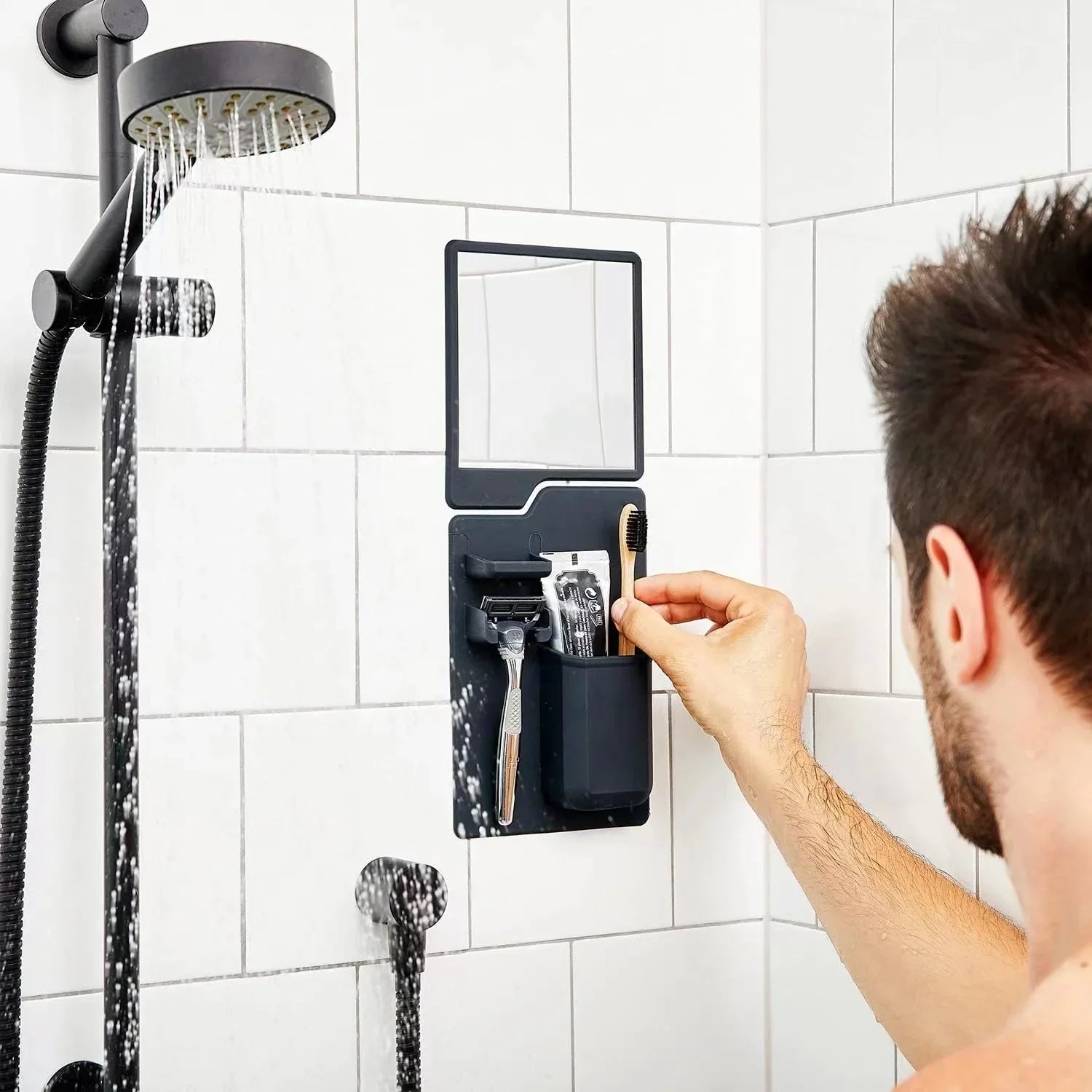 KTX-628563 Toothbrush and Razor Holder Set with Fog Resistant Silicone Shower Mirror