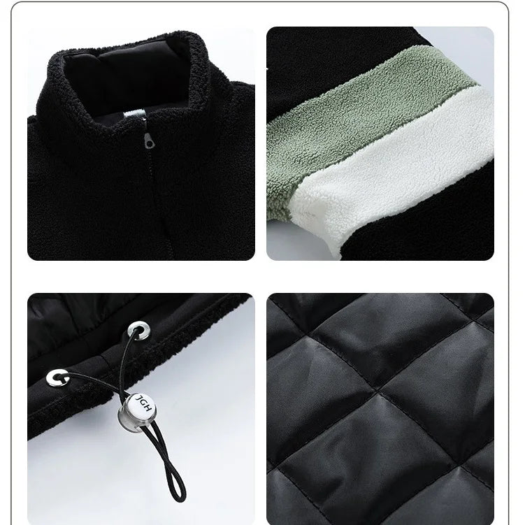 KTX-603667 Men's Large Size Warm Cotton Jacket With Winter Stand-Up Collar 550g Lamb Wool Contrasting Zipper Closure Clothing