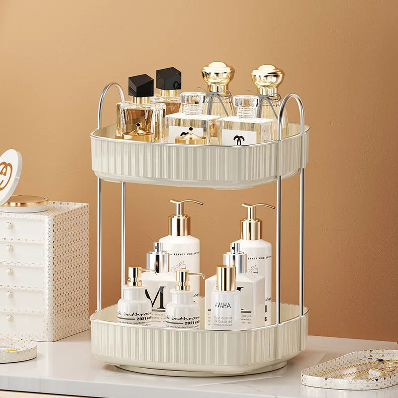 KTX-991635 Two-Layer Rotating Home Storage Organizer Rack in Cream White and Elegant Black