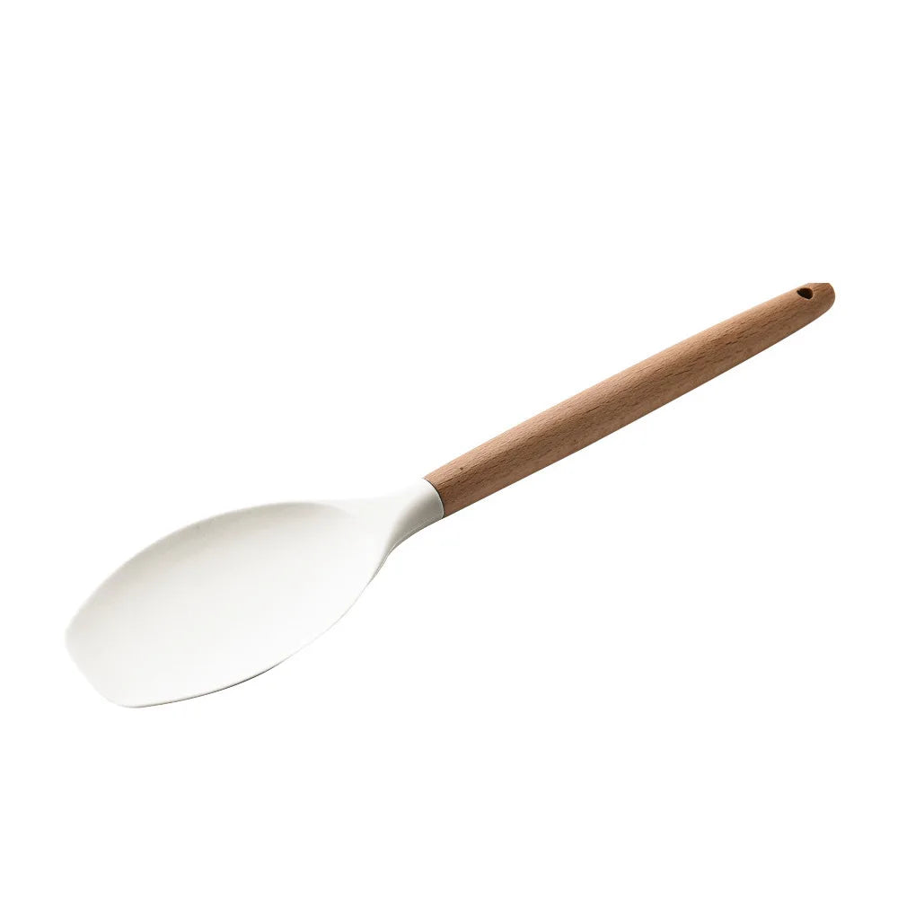 KTX-378387 Creamy White Wooden Handle Nonstick Silicone Kitchen Utensils - 11 Piece Cooking Tool Set