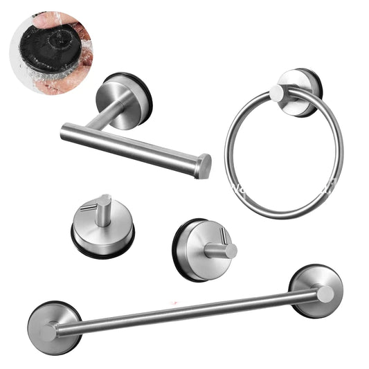KTX-890707 Telescopic Adjustable Stainless Steel Towel Rack with Suction Cup Hooks and Tissue Holder Set