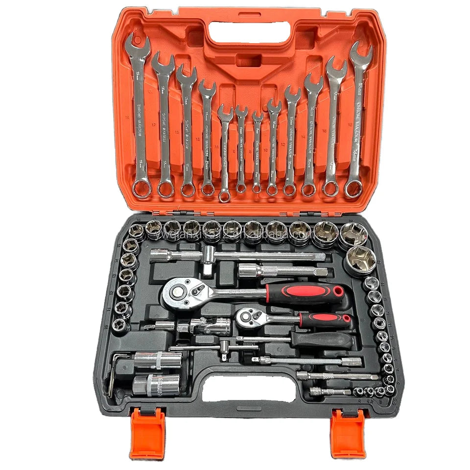 KTX-149011 61-Piece Chrome Vanadium Steel Manual Tool Kit for Automotive Repairs with Ratchet Socket Wrench Set