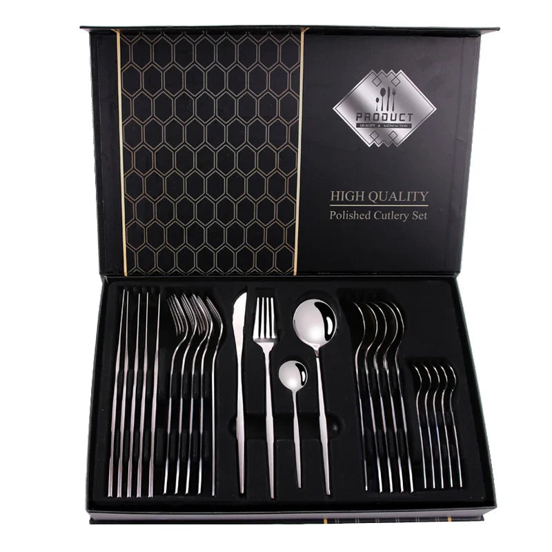 KTX-280083 24-Piece Gold Stainless Steel Flatware Set with Gift Box for Parties and Weddings