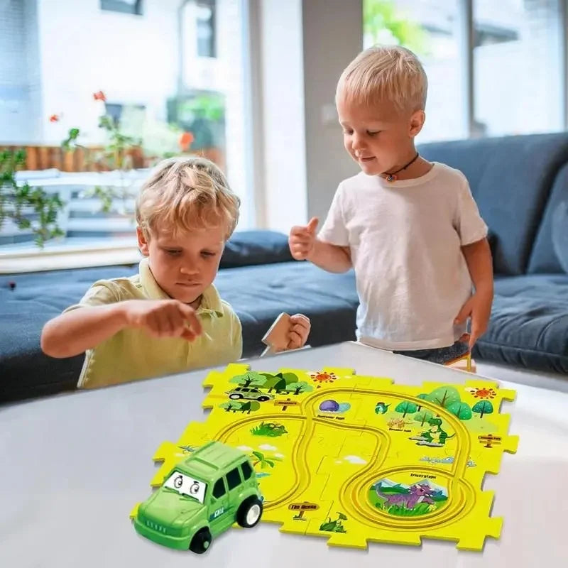 KTX-537875 DIY Electric Rail Car Puzzle Track Building Set for Kids - STEM Activity with 4 Themed Maze Plates