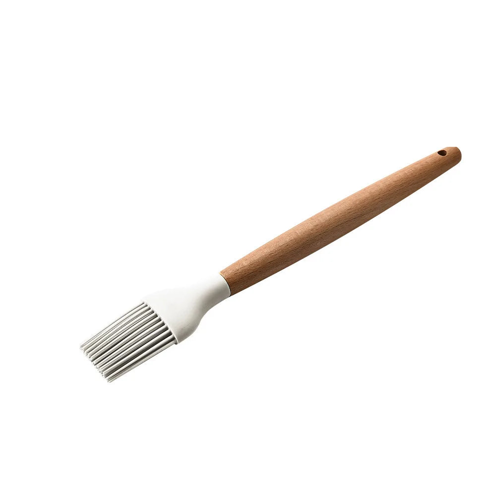 KTX-378387 Creamy White Wooden Handle Nonstick Silicone Kitchen Utensils - 11 Piece Cooking Tool Set
