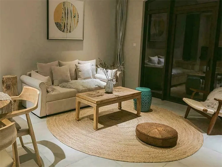 KTX-611539 Boho Tan Brown Woven Jute Rug for Living Room and Bedroom, Washable Outdoor Decor