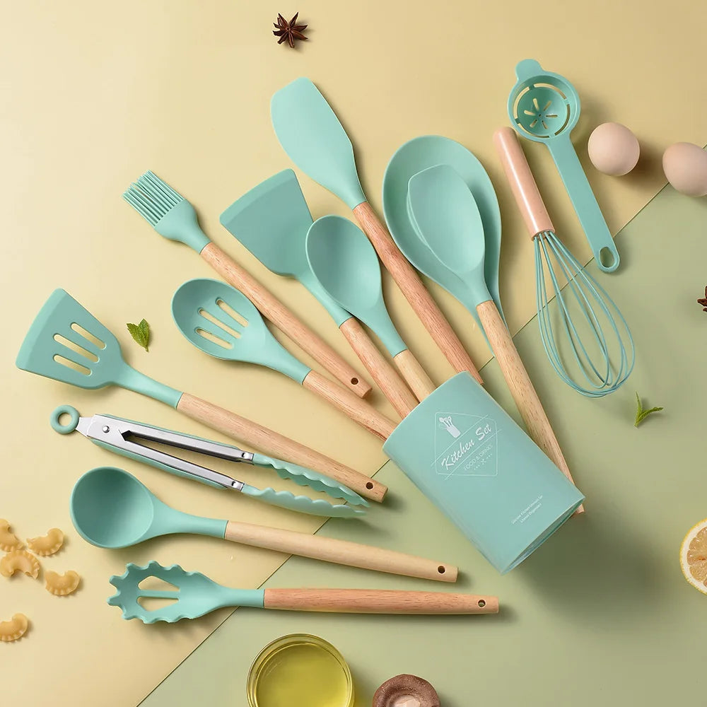 KTX-378387 Creamy White Wooden Handle Nonstick Silicone Kitchen Utensils - 11 Piece Cooking Tool Set