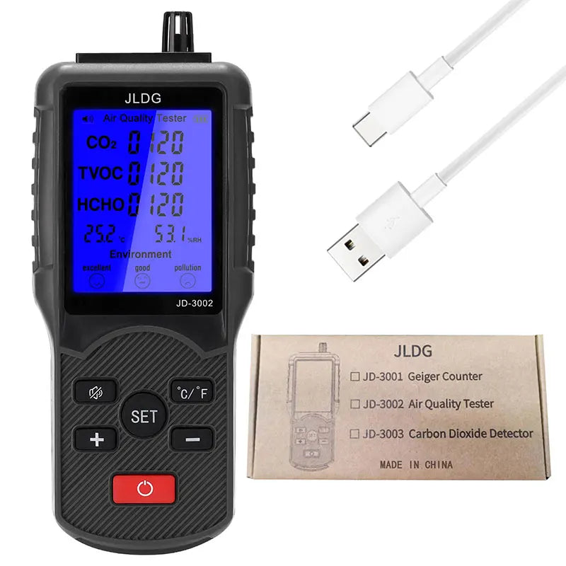 KTX-945811 Air Quality Tester with LCD - CO2, TVOC, HCHO Meter, Thermometer, and Humidity Monitor with Lithium Battery