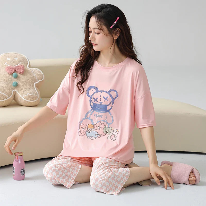 KTX-641043 Short-sleeved Seven-point Pants Set Two-piece Simple Sweet Pajamas All Cotton Home Wear Women's Summer Pajamas