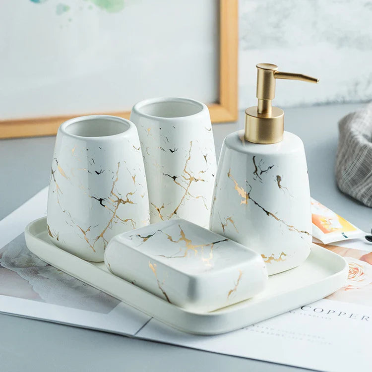 KTX-595795 Nordic Glossed Ceramic Bathroom Accessories Set in White and Gold Marble Design